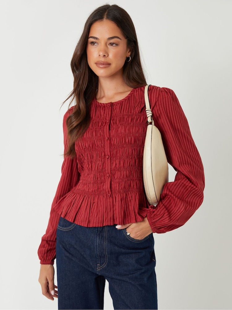 Threadbare Red Shirred Dobby Stripe Button Up Blouse - Image 5 of 5 Threadbare Red Shirred Dobby Stripe Button Up Blouse - Image 5 of 5