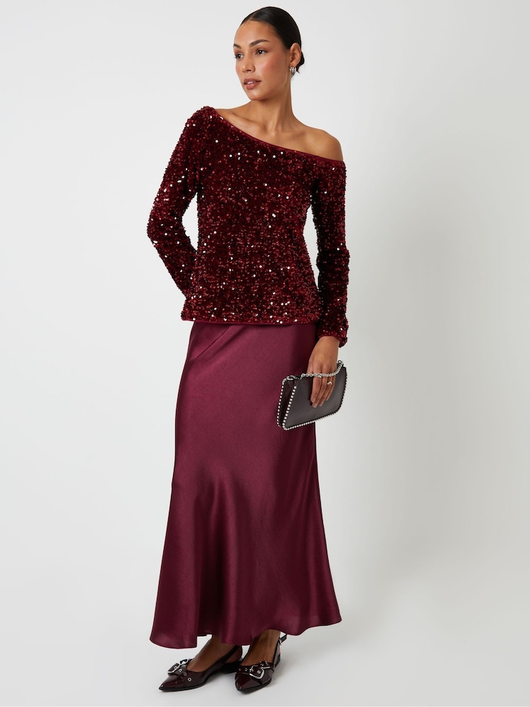 Threadbare Red Sequin Velour Long Sleeve Slash Neck Top - Image 2 of 5 Threadbare Red Sequin Velour Long Sleeve Slash Neck Top - Image 2 of 5