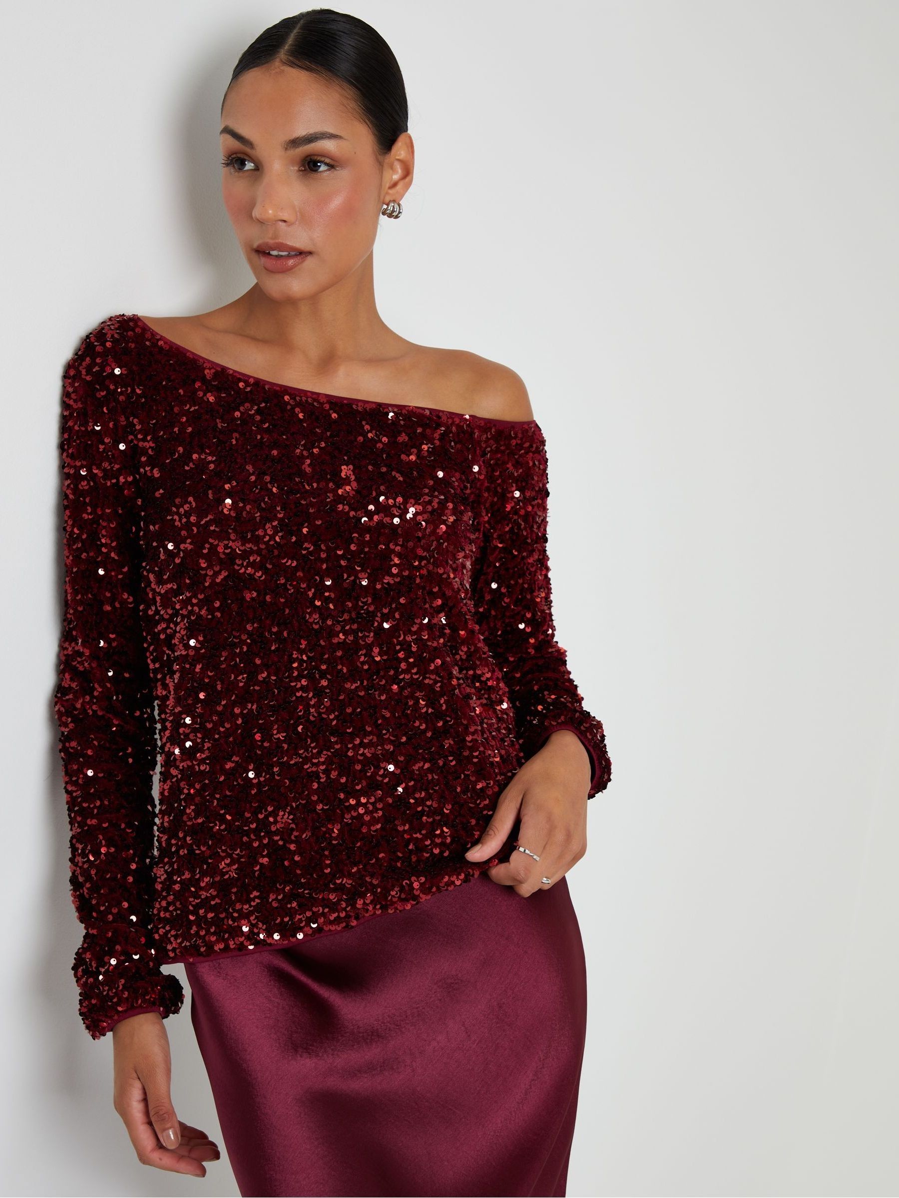 Buy Threadbare Red Sequin Velour Long Sleeve Slash Neck Top from