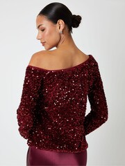 Threadbare Red Sequin Velour Long Sleeve Slash Neck Top - Image 4 of 5