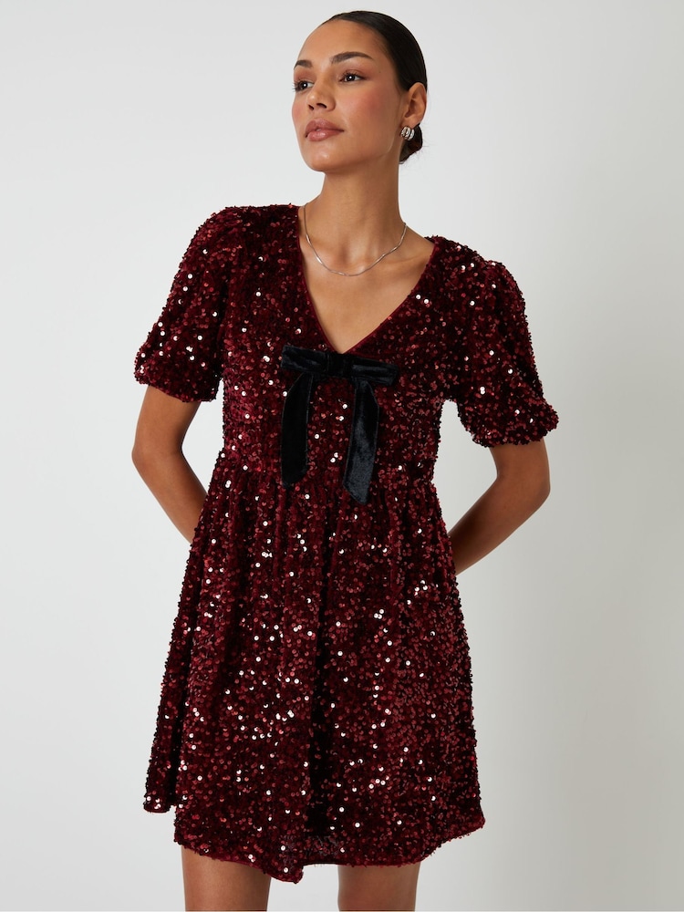 Threadbare Red Sequin Velour Bow Detail Mini Dress - Image 1 of 4 Threadbare Red Sequin Velour Bow Detail Mini Dress - Image 1 of 4