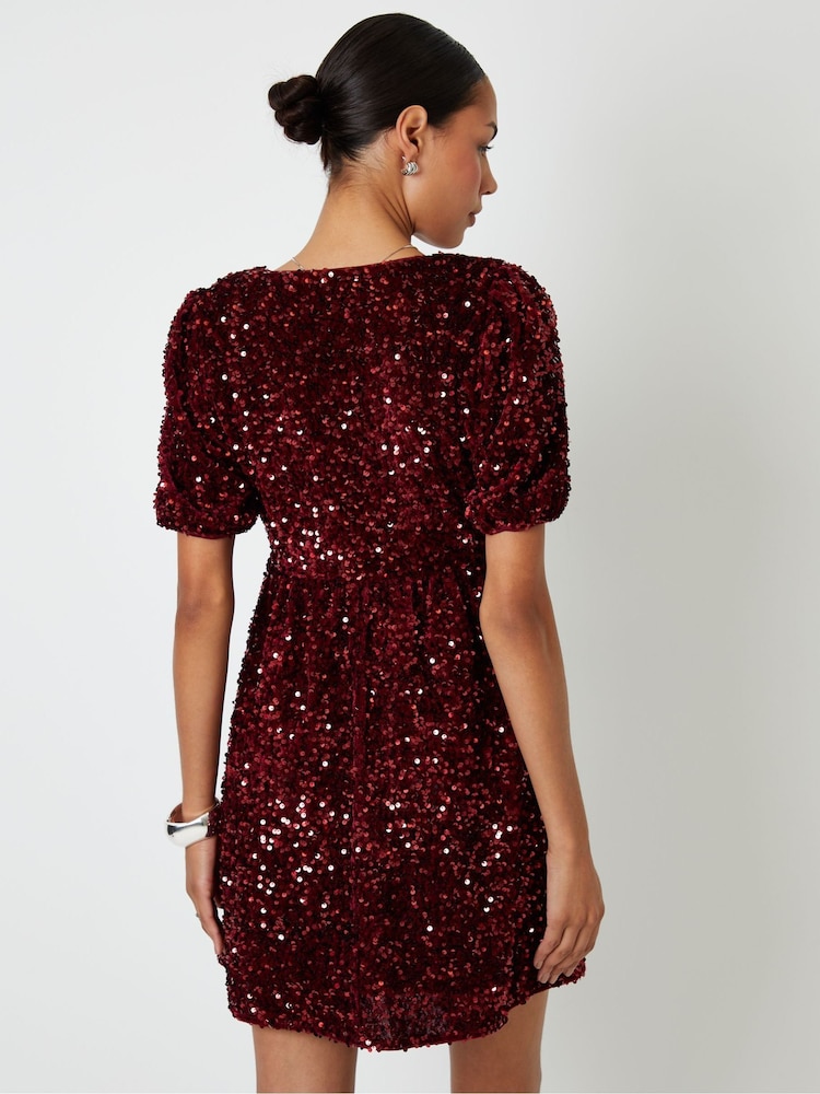 Threadbare Red Sequin Velour Bow Detail Mini Dress - Image 2 of 4 Threadbare Red Sequin Velour Bow Detail Mini Dress - Image 2 of 4