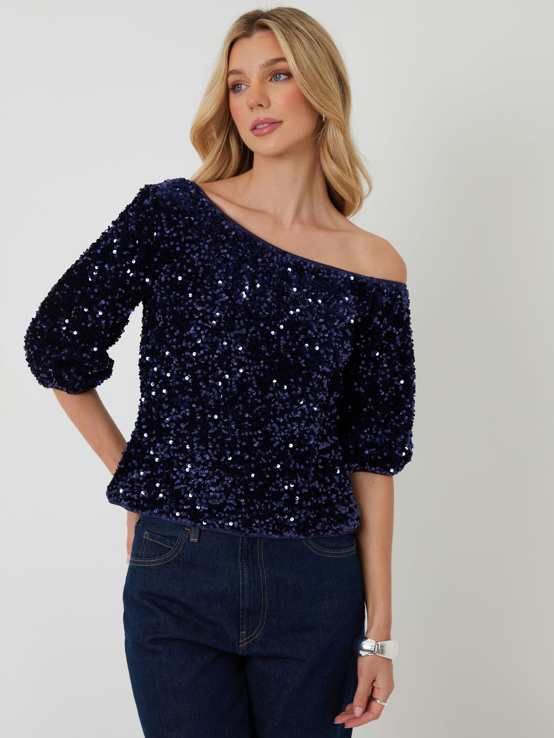 Buy Threadbare Blue Sequin Velour Slash Neck Top from the Next UK