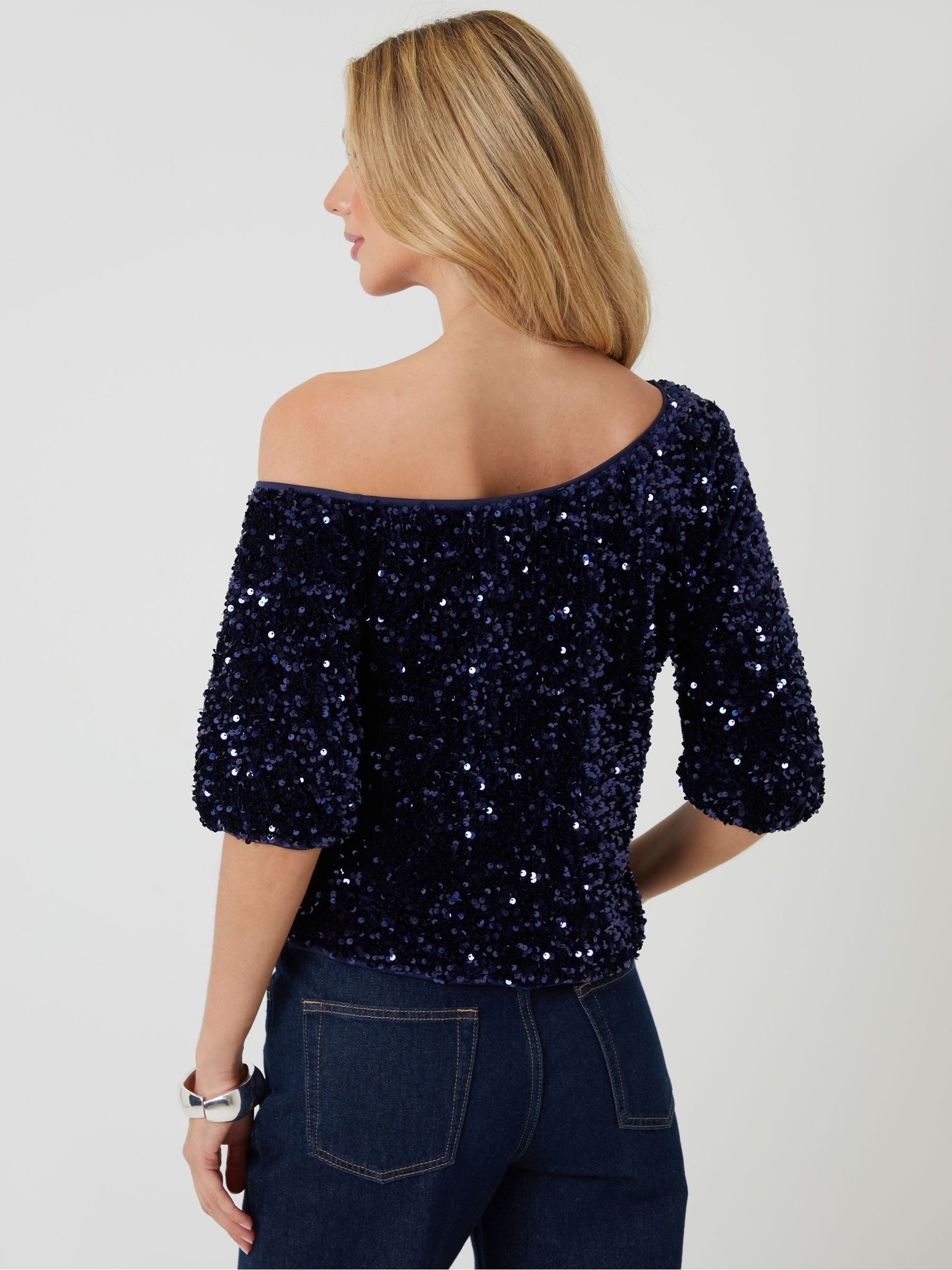 Buy Threadbare Blue Sequin Velour Slash Neck Top from Next USA