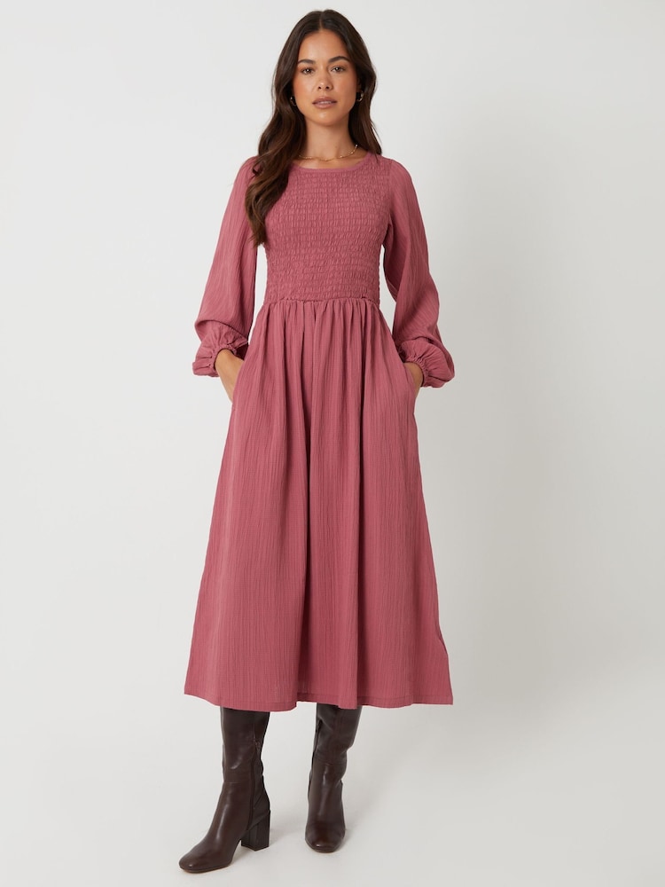 Threadbare Pink Textured Shirred Balloon Sleeve Midi Dress - Image 1 of 4