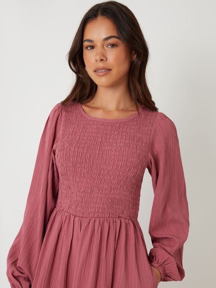 Threadbare Pink Textured Shirred Balloon Sleeve Midi Dress - Image 2 of 4