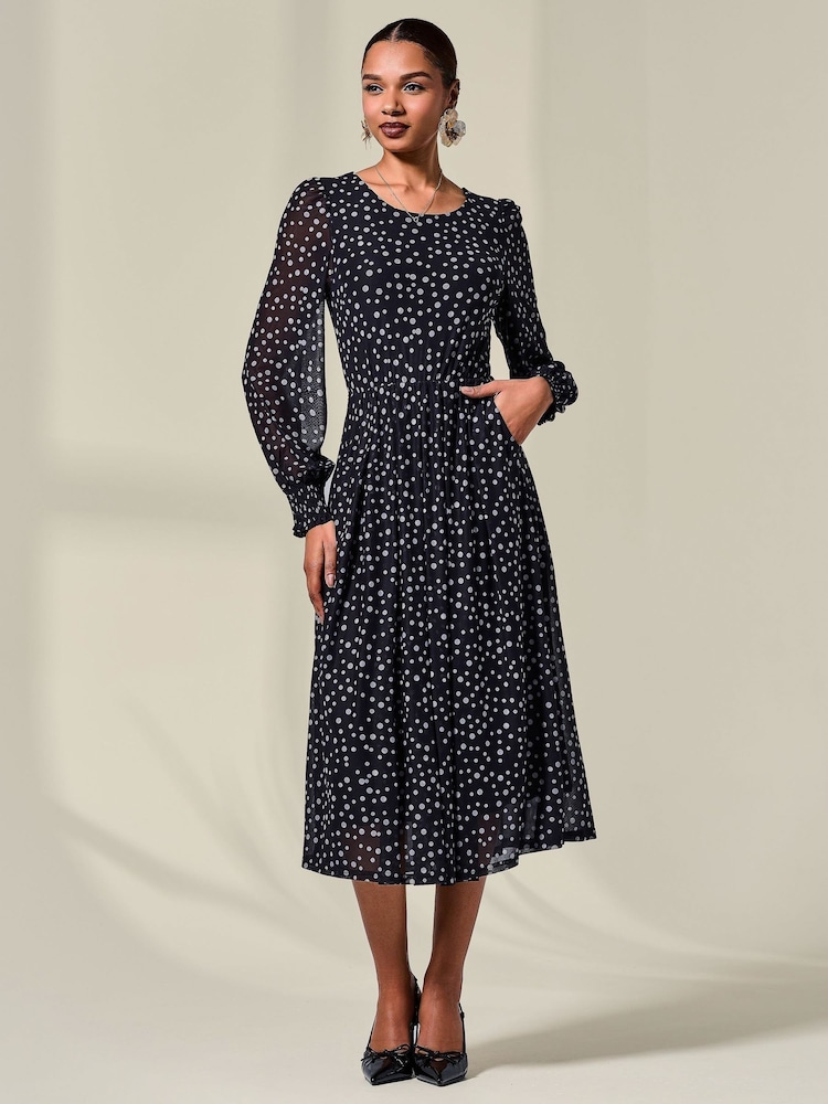 Jolie Moi Black Long Sleeve Mesh Midi Dress - Image 1 of 6 Jolie Moi Black Long Sleeve Mesh Midi Dress - Image 1 of 6