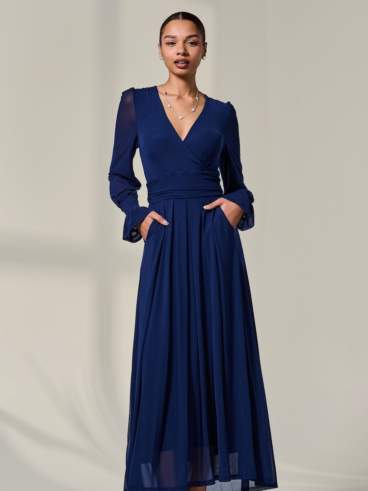 Jolie Moi Blue Long Sleeve Mesh Maxi Dress - Image 1 of 6 Jolie Moi Blue Long Sleeve Mesh Maxi Dress - Image 1 of 6