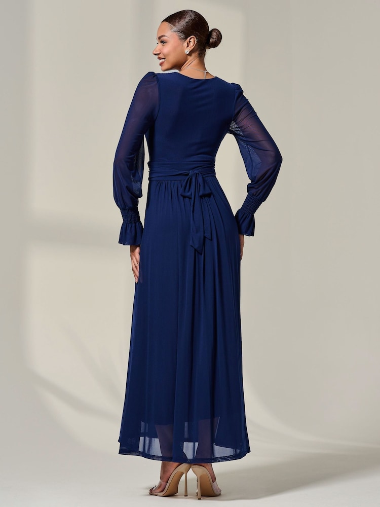 Jolie Moi Blue Long Sleeve Mesh Maxi Dress - Image 2 of 6 Jolie Moi Blue Long Sleeve Mesh Maxi Dress - Image 2 of 6