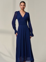 Jolie Moi Blue Long Sleeve Mesh Maxi Dress - Image 5 of 6