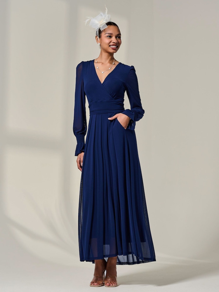 Jolie Moi Blue Long Sleeve Mesh Maxi Dress - Image 6 of 6 Jolie Moi Blue Long Sleeve Mesh Maxi Dress - Image 6 of 6