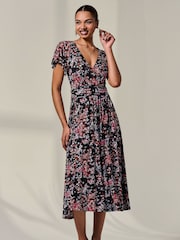 Jolie Moi Black Mock Wrap Jersey Midi Dress - Image 1 of 6