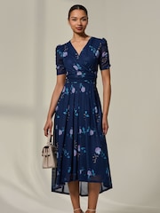 Jolie Moi Blue Petite Wrap Ruched Sleeve Midi Dress - Image 1 of 6