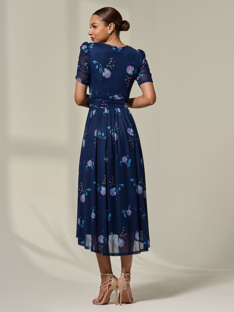 Jolie Moi Blue Petite Wrap Ruched Sleeve Midi Dress - Image 2 of 6 Jolie Moi Blue Petite Wrap Ruched Sleeve Midi Dress - Image 2 of 6