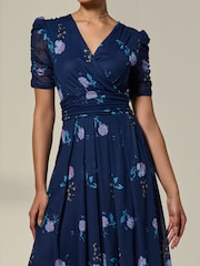 Jolie Moi Blue Petite Wrap Ruched Sleeve Midi Dress - Image 3 of 6