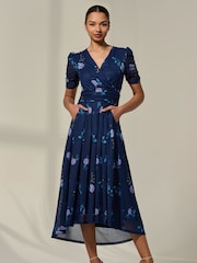 Jolie Moi Blue Petite Wrap Ruched Sleeve Midi Dress - Image 4 of 6