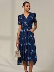 Jolie Moi Blue Petite Wrap Ruched Sleeve Midi Dress - Image 6 of 6
