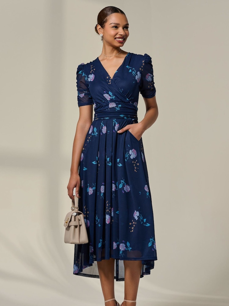 Jolie Moi Blue Petite Wrap Ruched Sleeve Midi Dress - Image 6 of 6 Jolie Moi Blue Petite Wrap Ruched Sleeve Midi Dress - Image 6 of 6