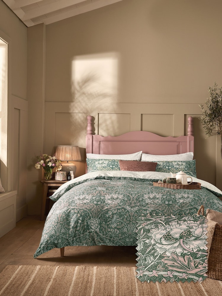 William Morris At Home Sage or Plaster Green Honeysuckle And Tulip 220 Thread Count Duvet Cover and Pillowcase Set - Image 1 of 6