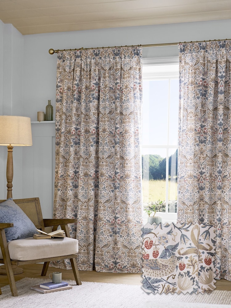 William Morris At Home Hessian Natural Strawberry Thief Pencil Pleat Curtains - Image 1 of 3