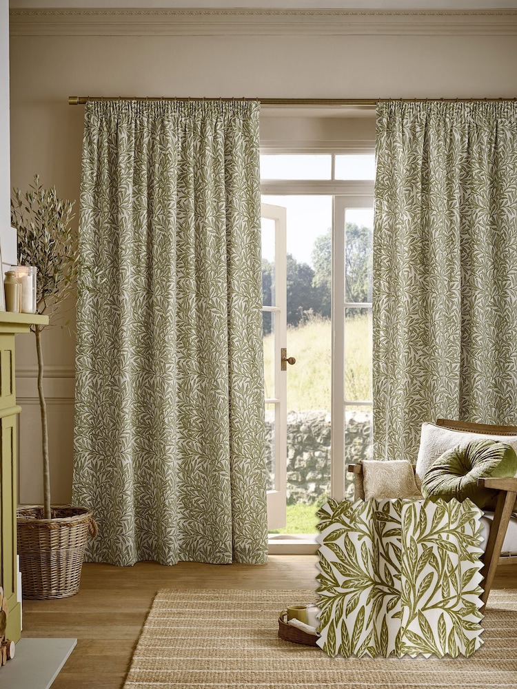 William Morris At Home Olive Green Original Willow Pencil Pleat Curtains - Image 1 of 3