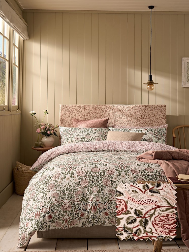 William Morris At Home Brick Pink or Sage Green Rose 220 Thread Count Duvet Cover and Pillowcase Set - Image 1 of 7 William Morris At Home Brick Pink or Sage Green Rose 220 Thread Count Duvet Cover and Pillowcase Set - Image 1 of 7