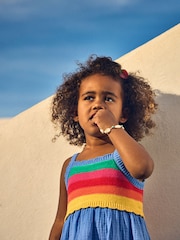 JoJo Maman Bébé Blue Rainbow Strawberry Appliqué Pocket Knit Cheesecloth Combo Dress - Image 4 of 4