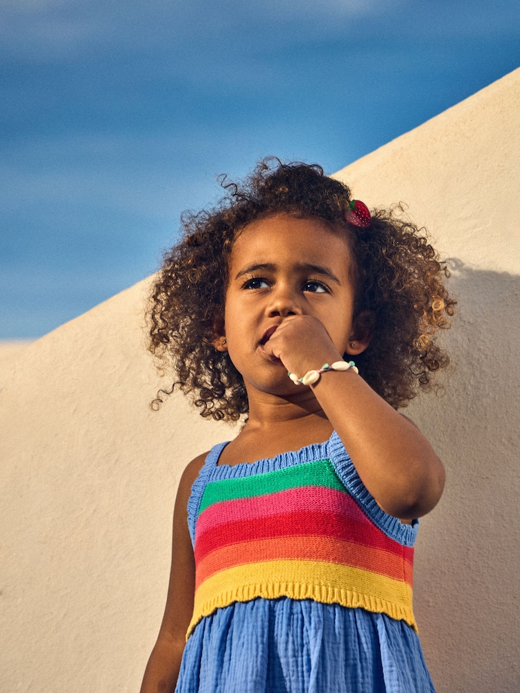 JoJo Maman Bébé Blue Rainbow Strawberry Appliqué Pocket Knit Cheesecloth Combo Dress - Image 4 of 4