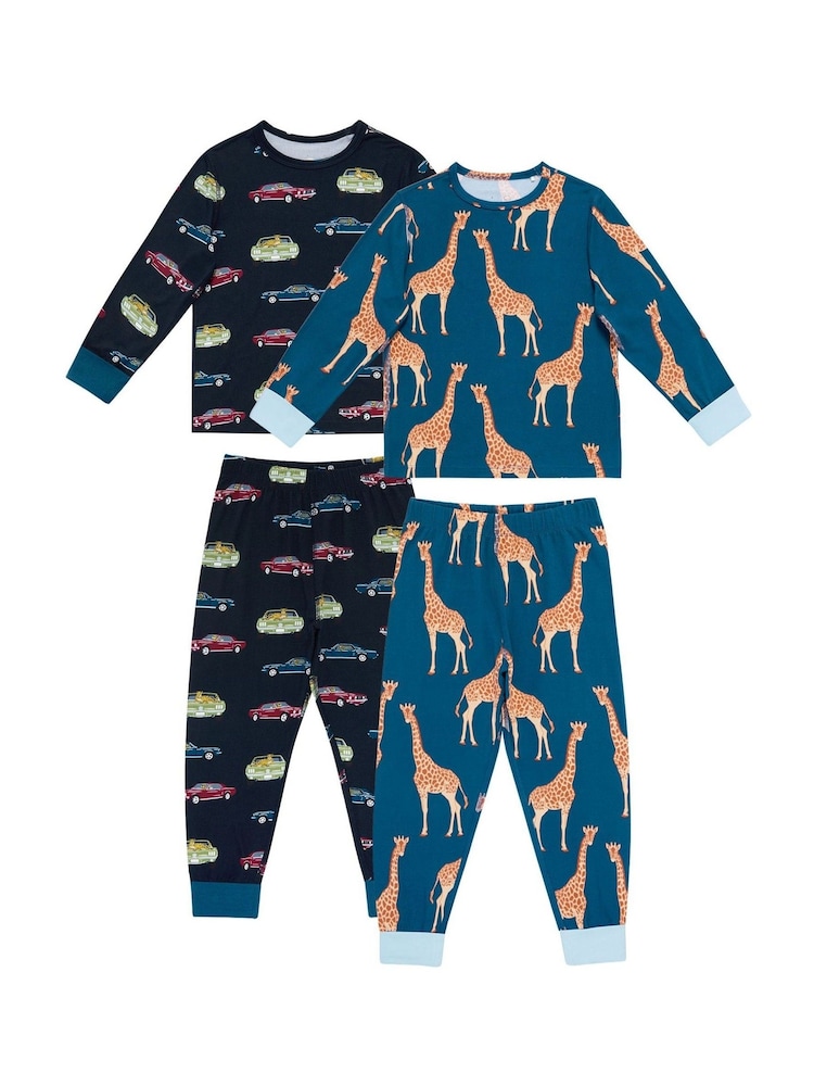 Chelsea Peers Blue Kids Two Pack Driving Leopards & Giraffe Print Long Pyjamas Set - Image 1 of 5 Chelsea Peers Blue Kids Two Pack Driving Leopards & Giraffe Print Long Pyjamas Set - Image 1 of 5