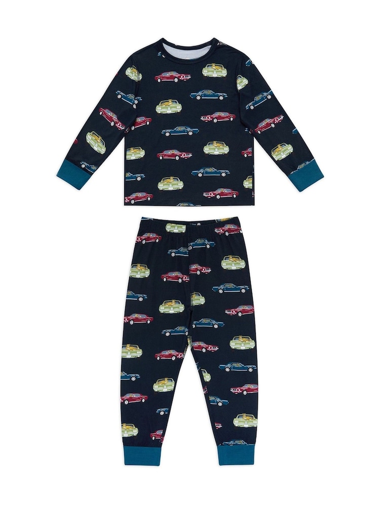Chelsea Peers Blue Kids Two Pack Driving Leopards & Giraffe Print Long Pyjamas Set - Image 2 of 5 Chelsea Peers Blue Kids Two Pack Driving Leopards & Giraffe Print Long Pyjamas Set - Image 2 of 5