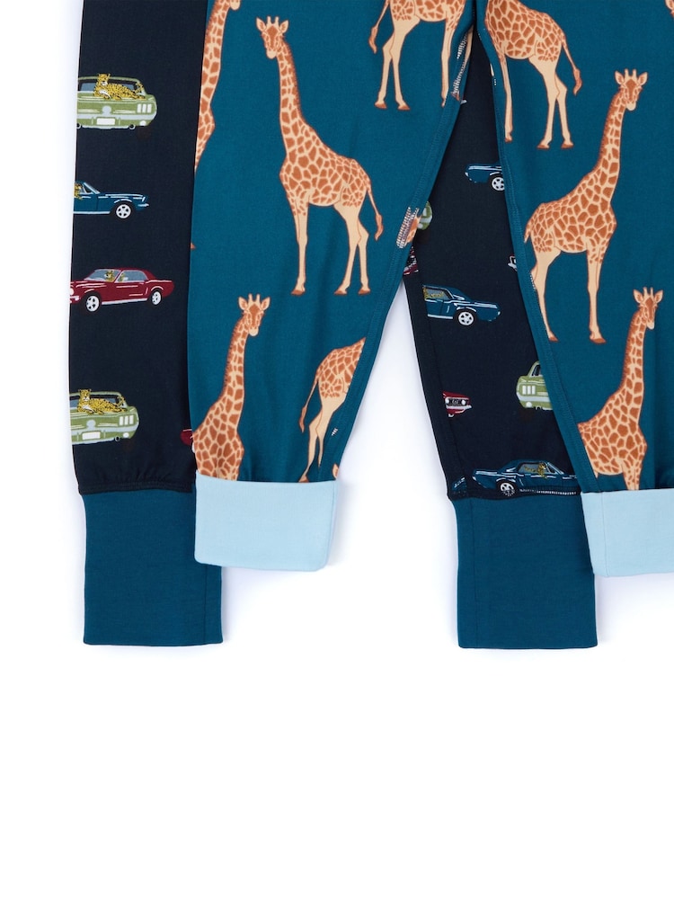 Chelsea Peers Blue Kids Two Pack Driving Leopards & Giraffe Print Long Pyjamas Set - Image 5 of 5 Chelsea Peers Blue Kids Two Pack Driving Leopards & Giraffe Print Long Pyjamas Set - Image 5 of 5