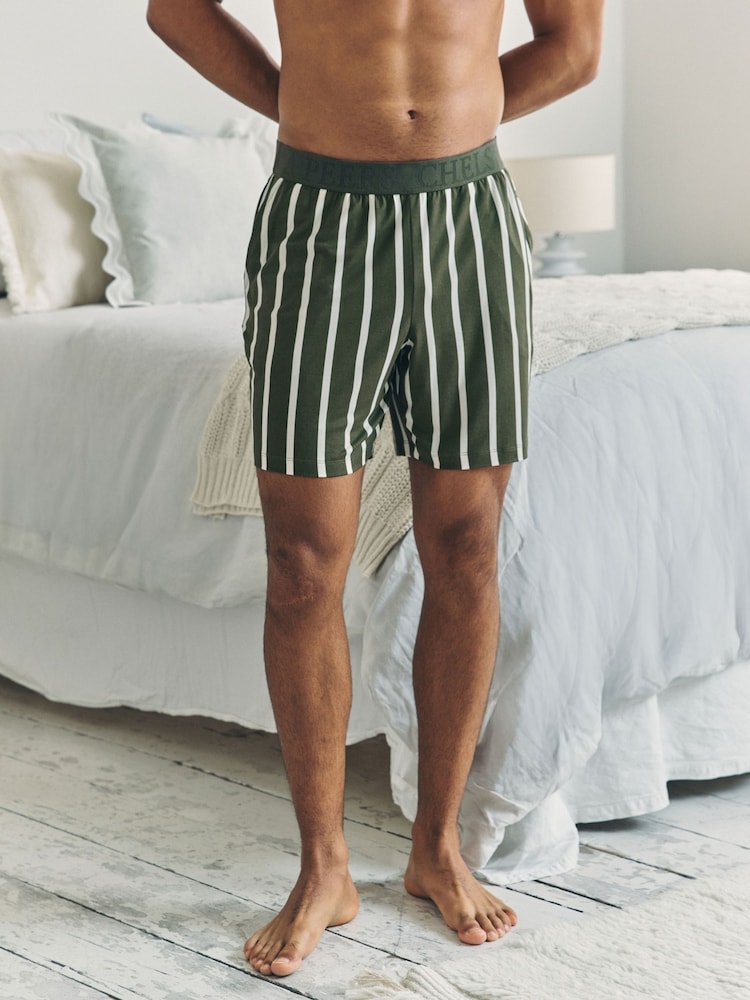 Chelsea Peers Green Stripe Button Up Pyjama Shorts - Khaki - Image 1 of 4