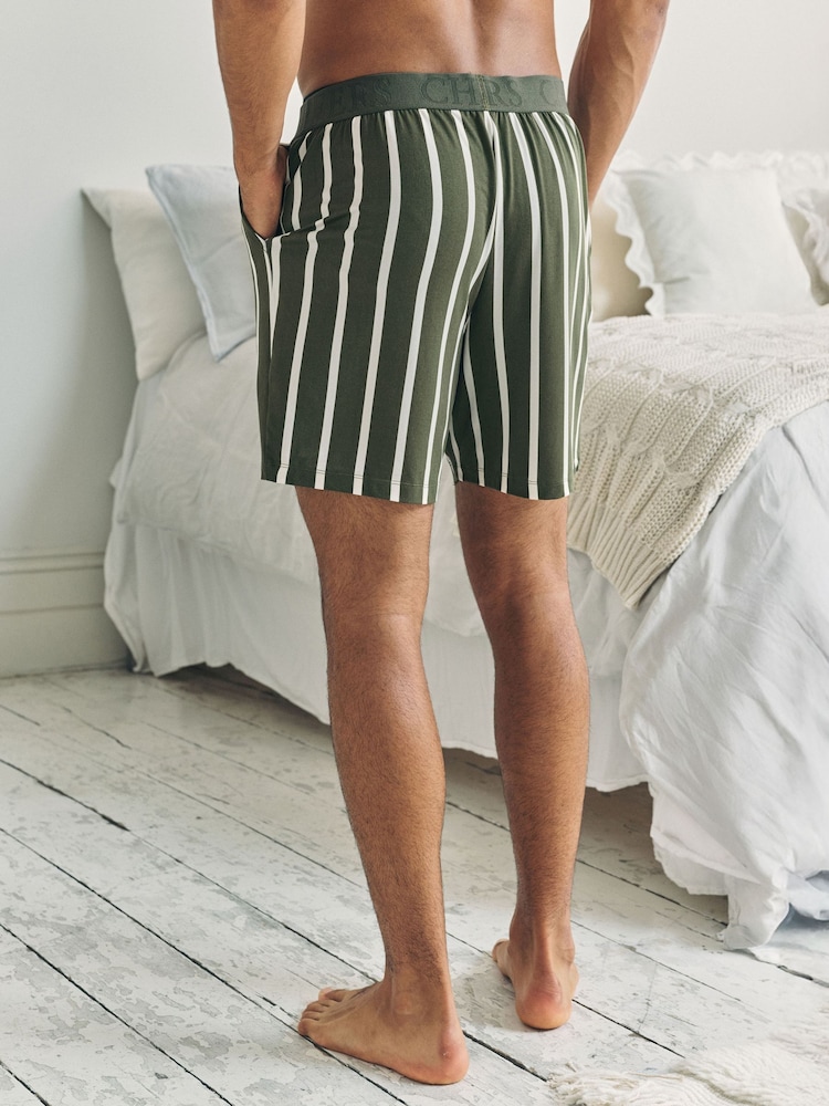 Chelsea Peers Green Stripe Button Up Pyjama Shorts - Khaki - Image 2 of 4