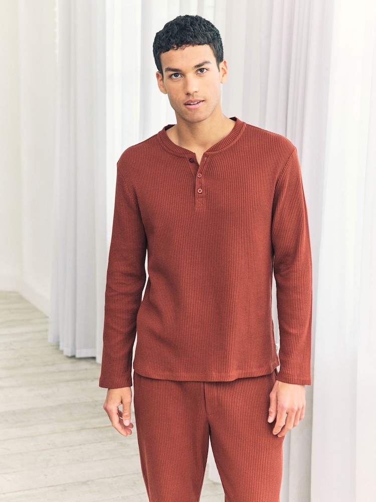 Chelsea Peers Orange Waffle Henley Lounge Top - Rust - Image 1 of 5