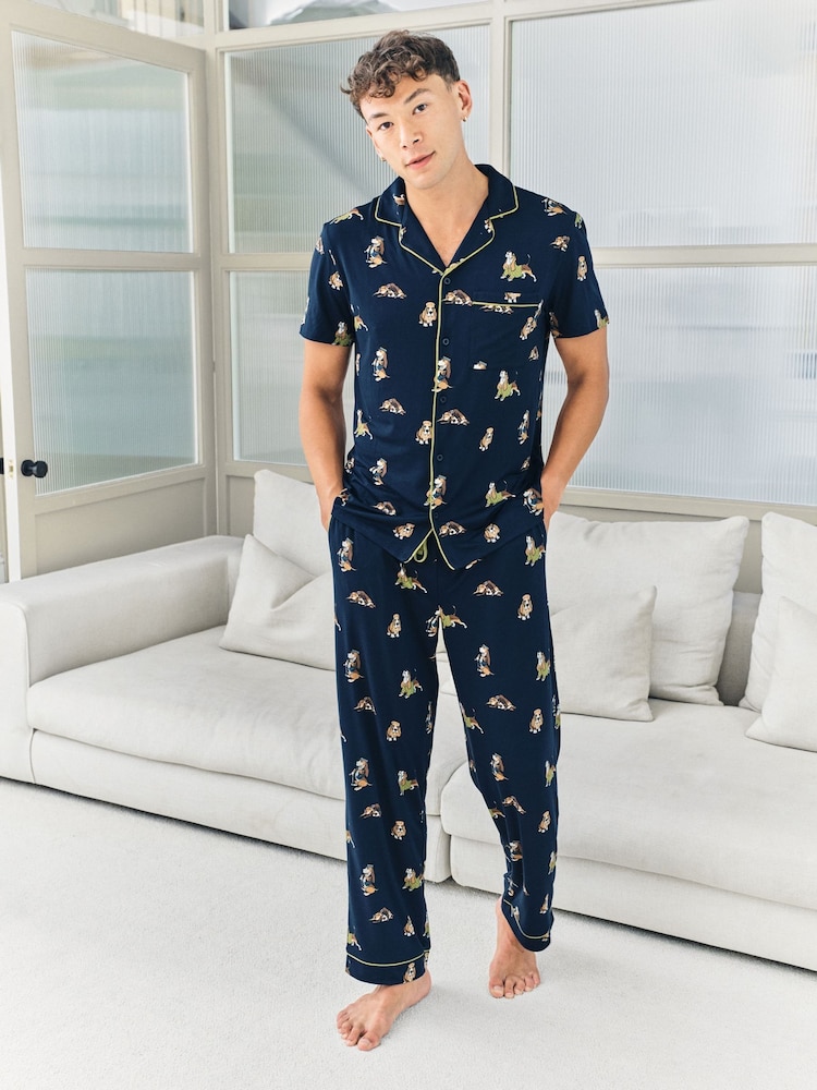 Chelsea Peers Blue Country Hound Dog Print Long Pyjamas Set - Image 1 of 7 Chelsea Peers Blue Country Hound Dog Print Long Pyjamas Set - Image 1 of 7