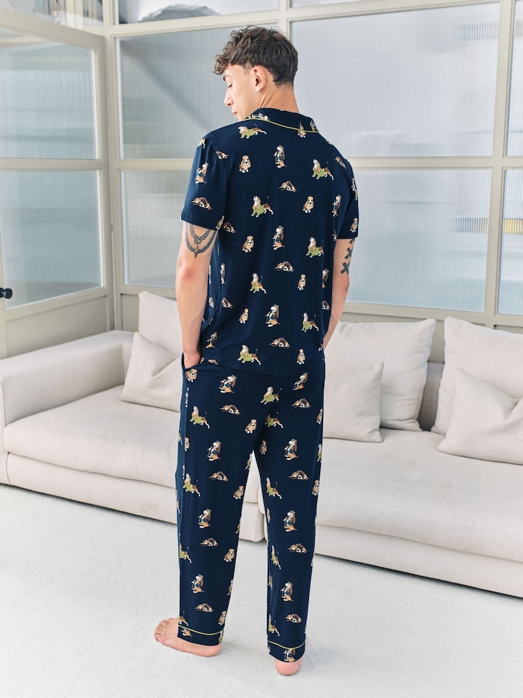 Chelsea Peers Blue Country Hound Dog Print Long Pyjamas Set - Image 2 of 7 Chelsea Peers Blue Country Hound Dog Print Long Pyjamas Set - Image 2 of 7