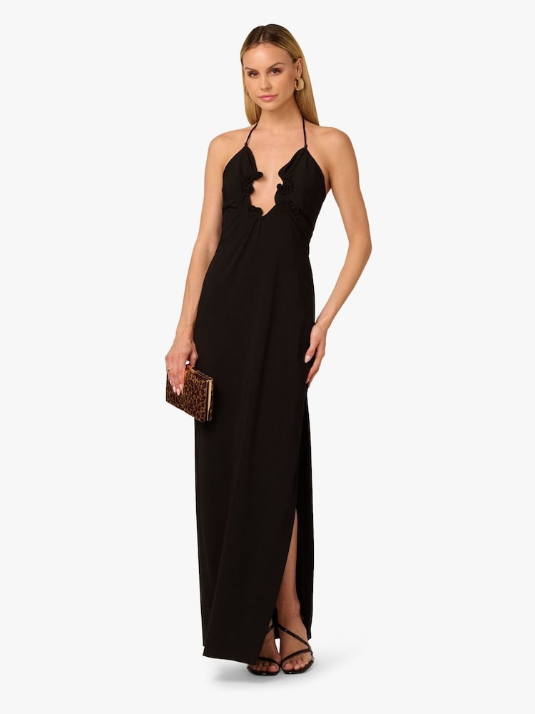 black jersey knit maxi dress Frances Knit Long-Sleeve Backless Maxi Dress in Black