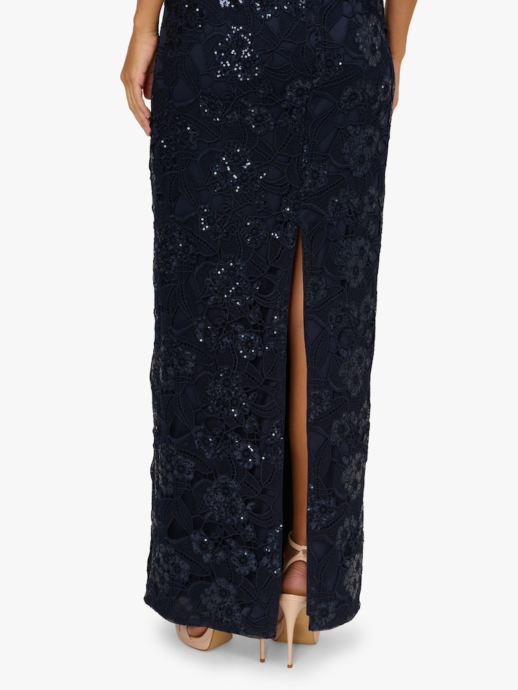 Adrianna Papell Blue Sequin Lace Combo Column Gown - Image 6 of 6 Adrianna Papell Blue Sequin Lace Combo Column Gown - Image 6 of 6