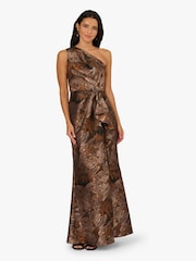 Adrianna Papell One Shoulder Jacquard Brown Gown - Image 1 of 6