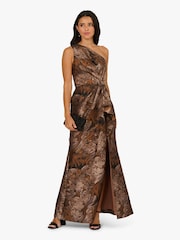 Adrianna Papell One Shoulder Jacquard Brown Gown - Image 4 of 6