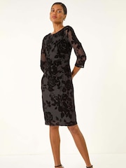 Roman Black Floral Flock Pleat Detail Dress - Image 2 of 5