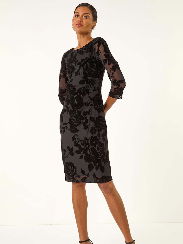 Roman Black Floral Flock Pleat Detail Dress - Image 2 of 5 Roman Black Floral Flock Pleat Detail Dress - Image 2 of 5