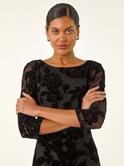 Roman Black Floral Flock Pleat Detail Dress - Image 4 of 5