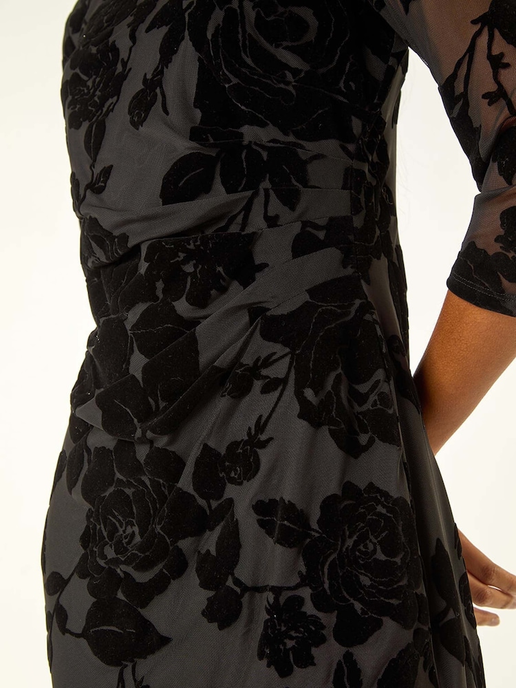 Roman Black Floral Flock Pleat Detail Dress - Image 5 of 5 Roman Black Floral Flock Pleat Detail Dress - Image 5 of 5