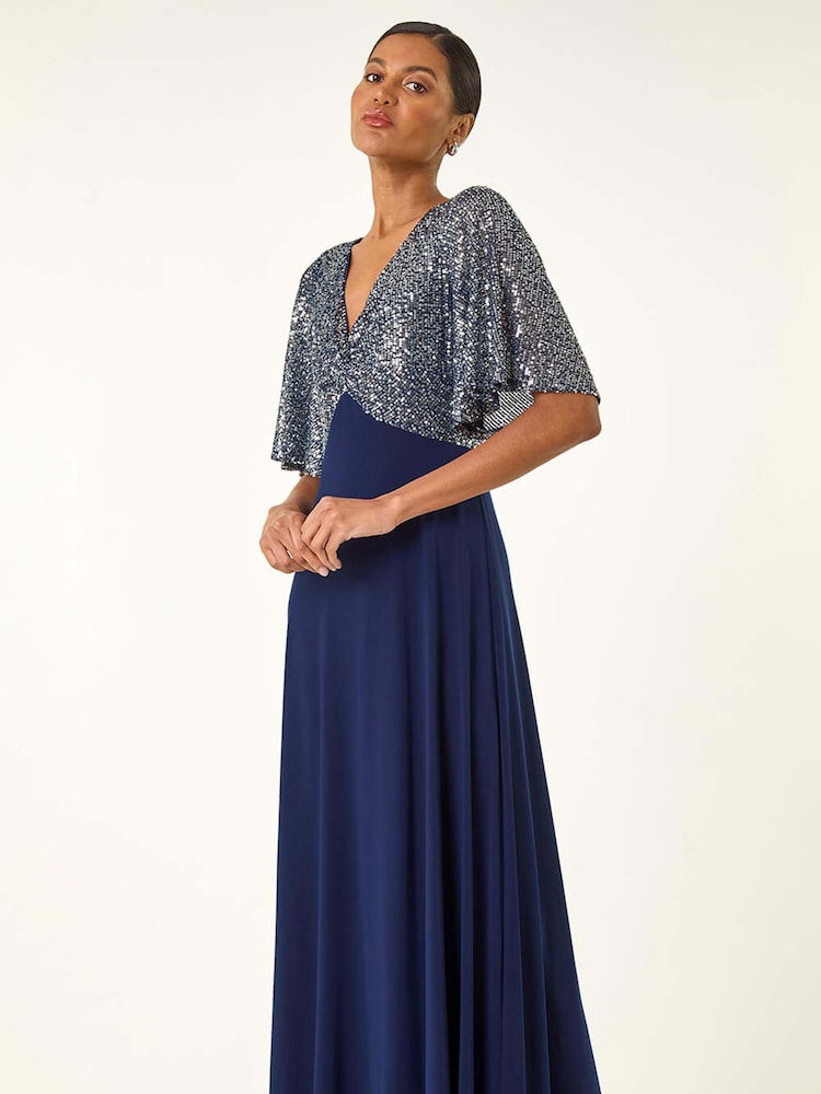 Roman Blue Sequin Flutter Sleeve Midi Dress - Image 1 of 5 Roman Blue Sequin Flutter Sleeve Midi Dress - Image 1 of 5