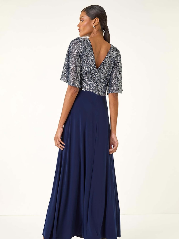 Roman Blue Sequin Flutter Sleeve Midi Dress - Image 2 of 5 Roman Blue Sequin Flutter Sleeve Midi Dress - Image 2 of 5