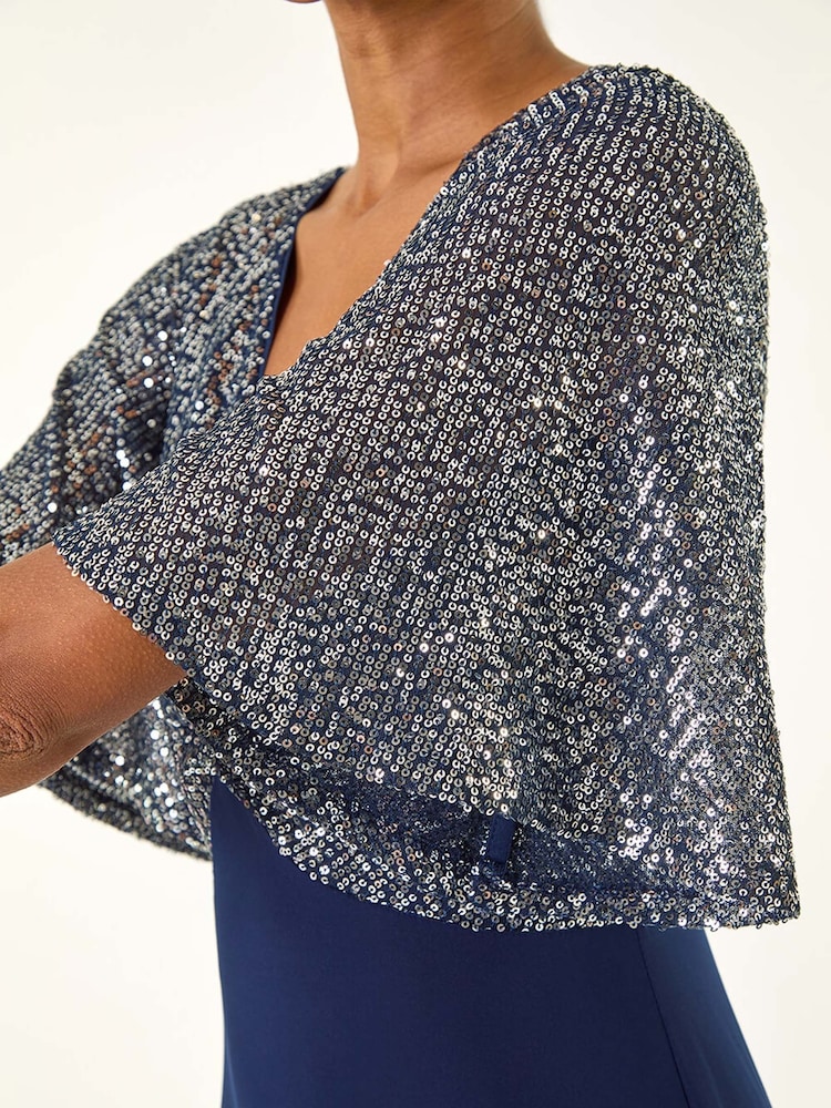 Roman Blue Sequin Flutter Sleeve Midi Dress - Image 5 of 5 Roman Blue Sequin Flutter Sleeve Midi Dress - Image 5 of 5