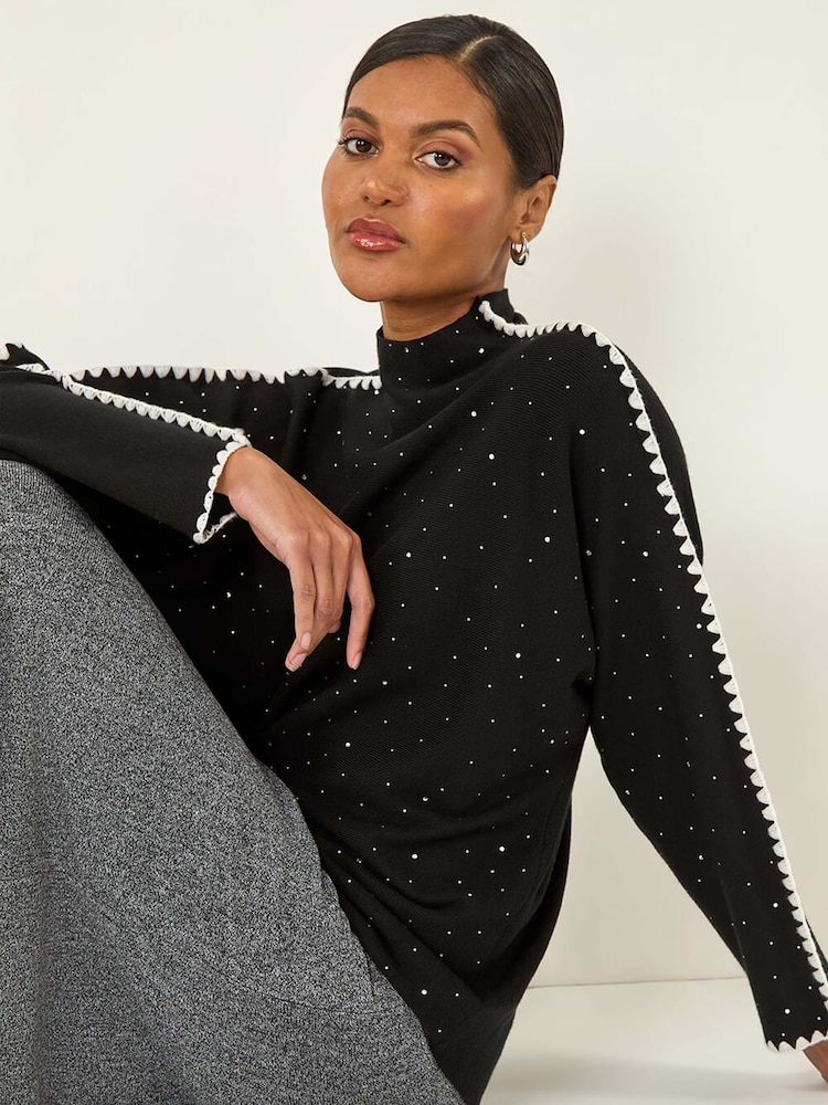 Roman Black Hotfix Blanket Stitch Knit Jumper - Image 1 of 5