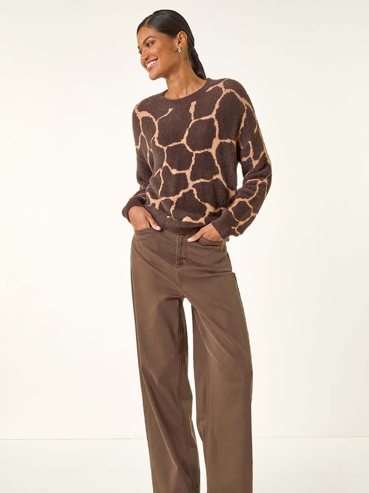 Roman Brown Fluffy Animal Print Knit Jumper - Image 1 of 5