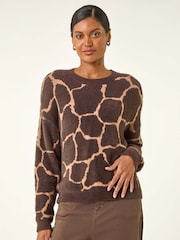 Roman Brown Fluffy Animal Print Knit Jumper - Image 2 of 5